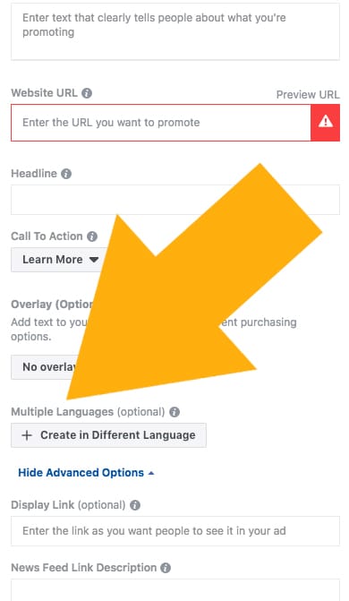 Facebook Ads Manager Create in Different Languages