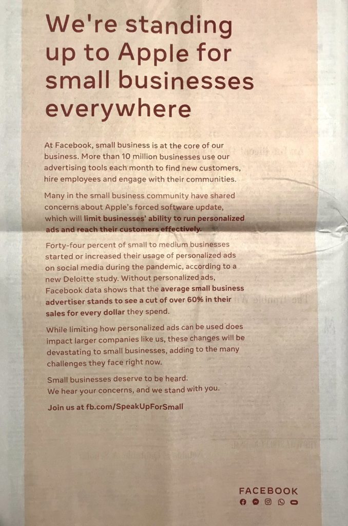 Facebook's Full-Page Ad in the New York Times in December 2020.