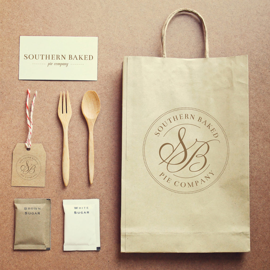 Southern Baked Pie Company marketing details printed on cards, tags, bags, and more.