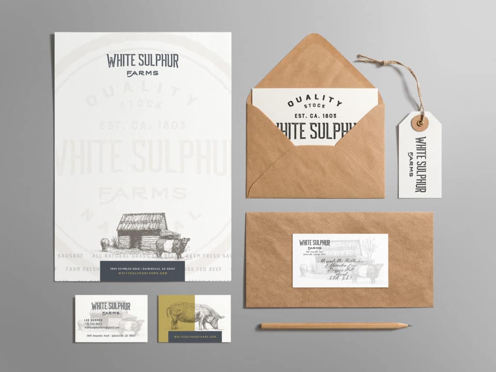 White Sulfur Farms branding on multiple mediums.