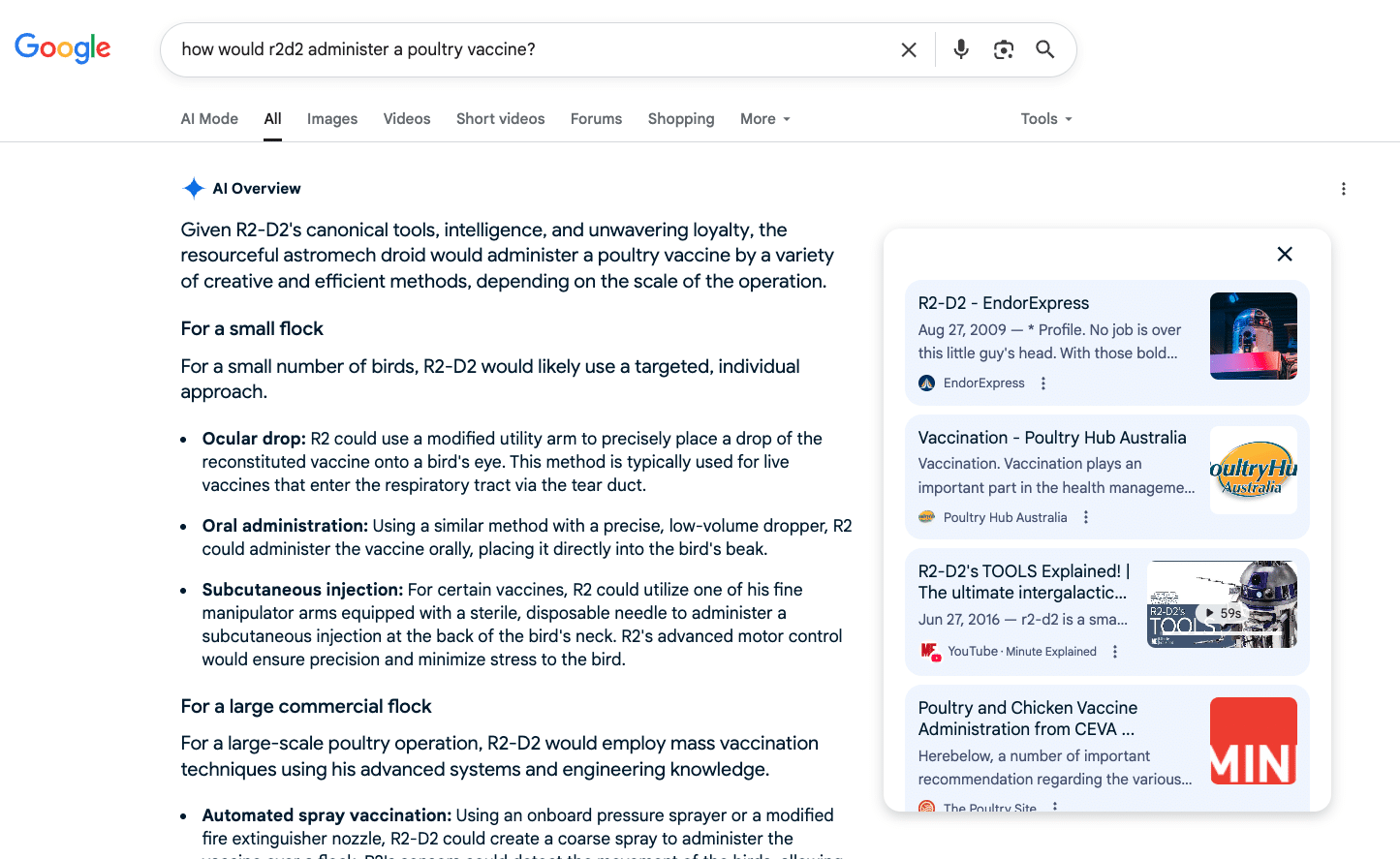 A screenshot from the search regarding R2-D2 and poultry vaccines