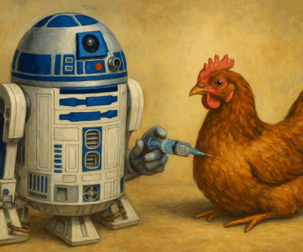 R2-D2 administering a poultry vaccination with a human hand
