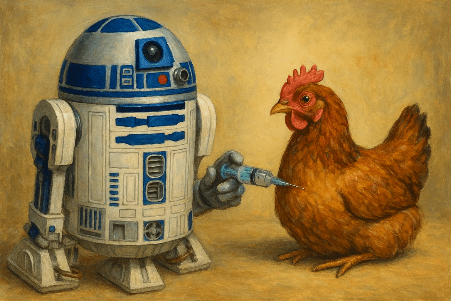 R2-D2 administering a poultry vaccination with a human hand